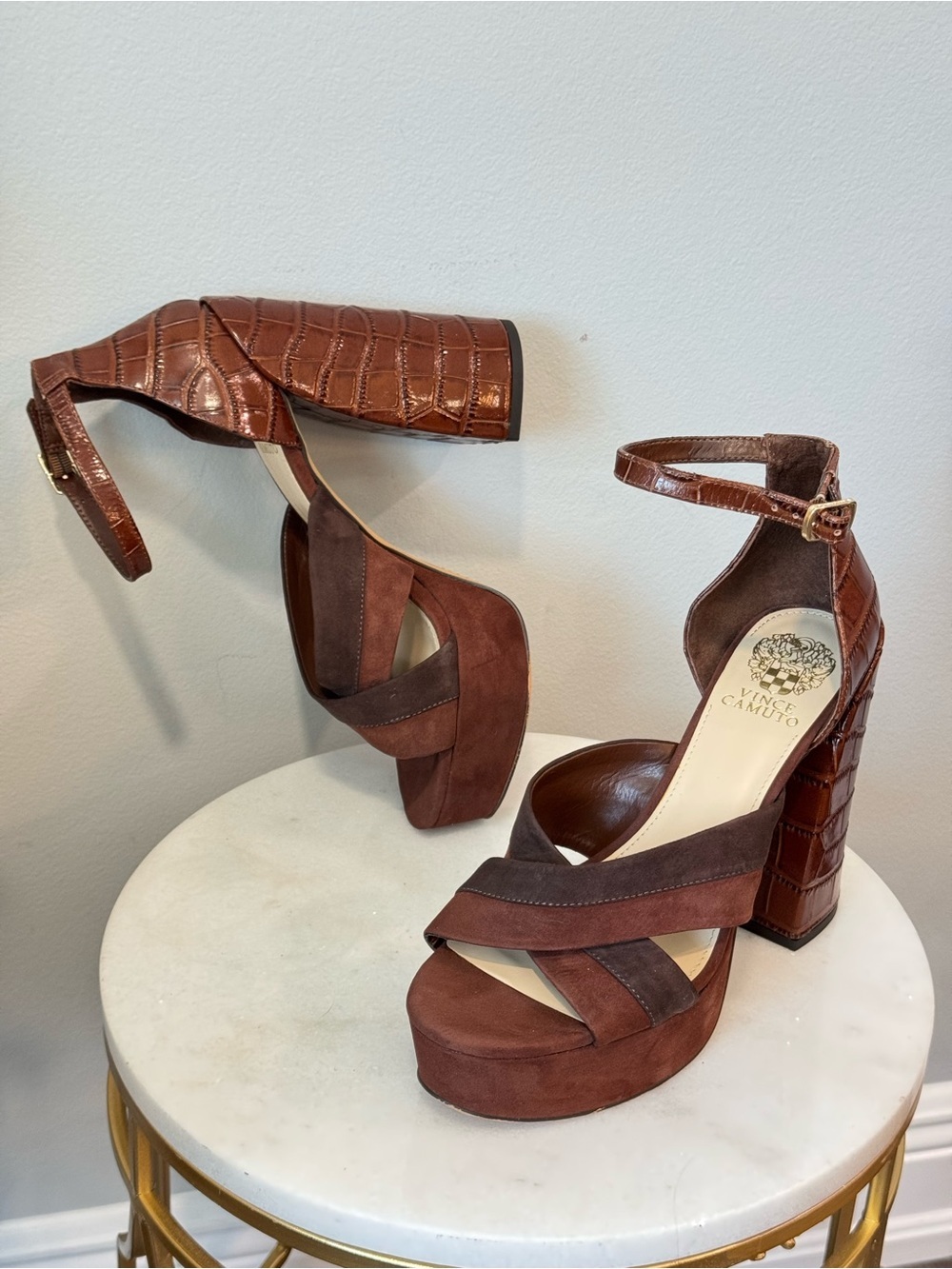 Vince Camuto Brown Suede & Croc-Embossed Platform Heels